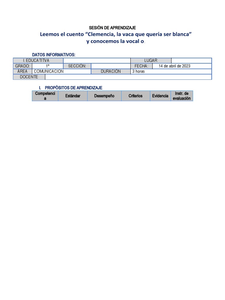 SESIÓN DE APRENDIZAJE Comunicación - Vocal O Primer Grado | PDF