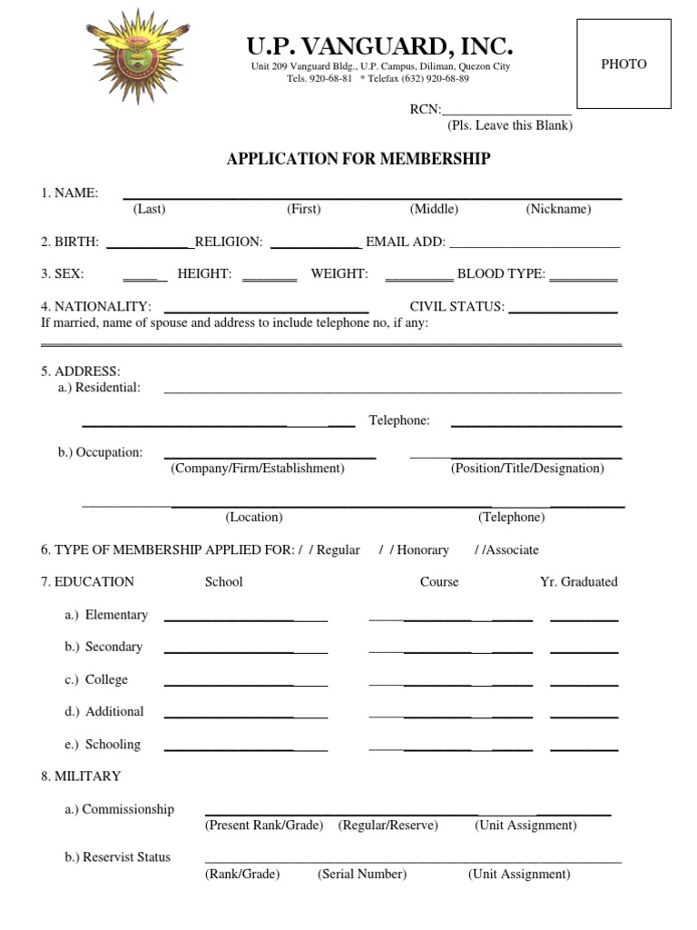 UP Vanguard Incorporated Membership Application Form PDF