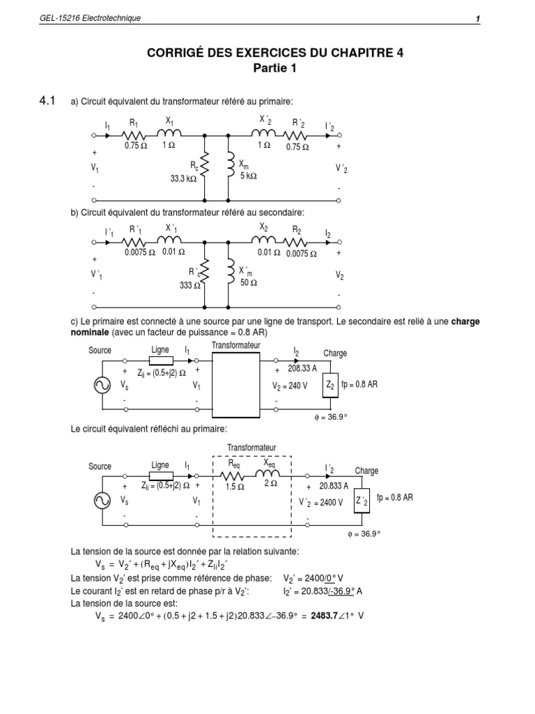 Corrigé Exercices Électrotechnique 4 | PDF