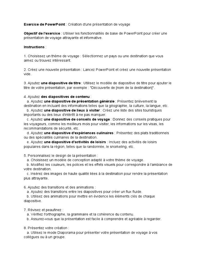 Exercice PowerPoint : Présentation de Voyage | PDF | Microsoft Powerpoint