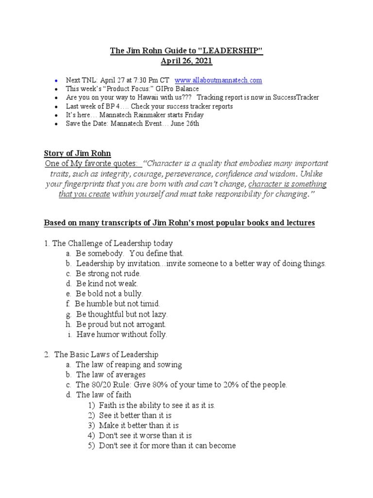 Jim Rohn's Leadership Insights | PDF | Leadership | Psychology