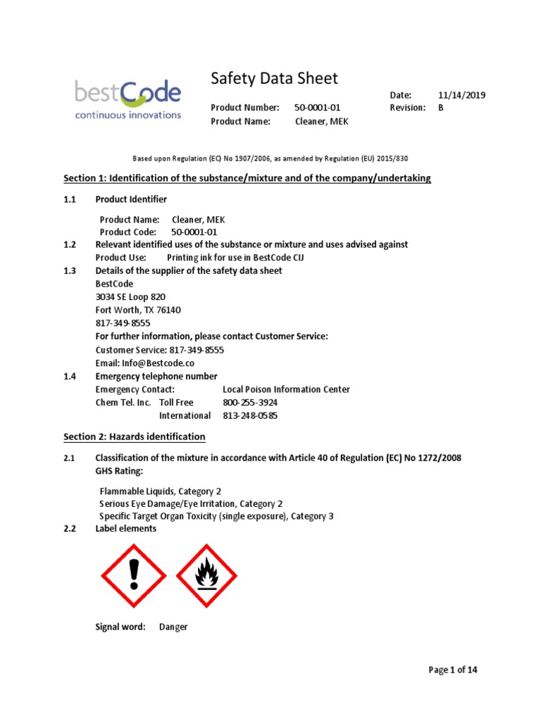 MSDS Cleaner Jet Print Best Code | PDF | Waste | Hazardous Waste