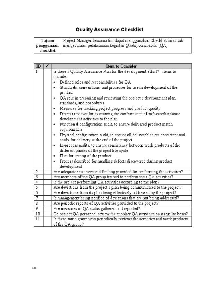 Quality Assurance Evaluation Checklist | PDF