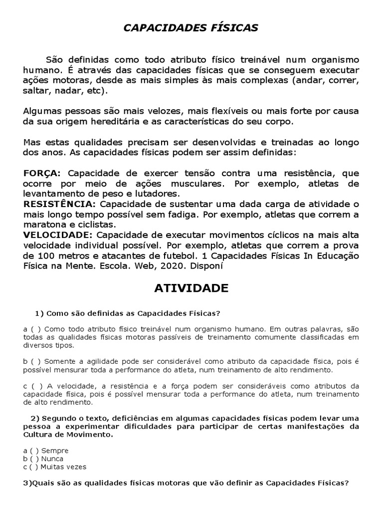 ATIVIDADE Capacidades Físicas 2022 | PDF | Flexibilidade (anatomia ...