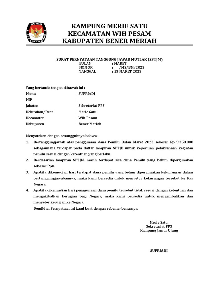 SPTJM Dana Pemilu Merie Satu 2023 | PDF
