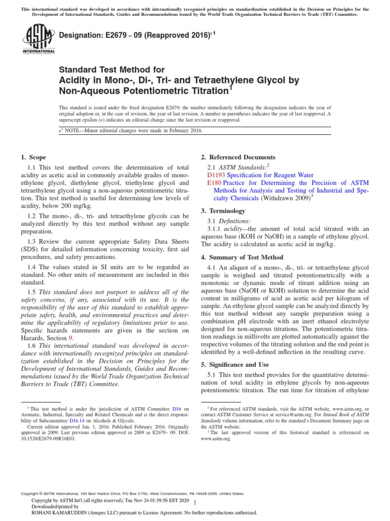 ASTM E2679-Acidity in Mono-, Di-, Tri - and Tetraethylene Glycol by Non ...