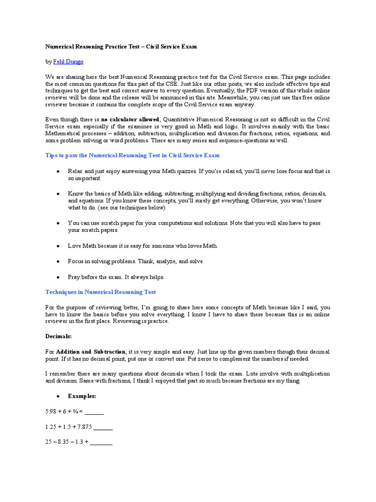 Numerical Reasoning Test for Civil Service | PDF | Fraction ...