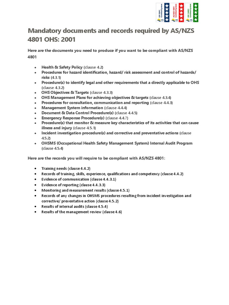 Mandatory Documents and Records Required by AS4801 PDF
