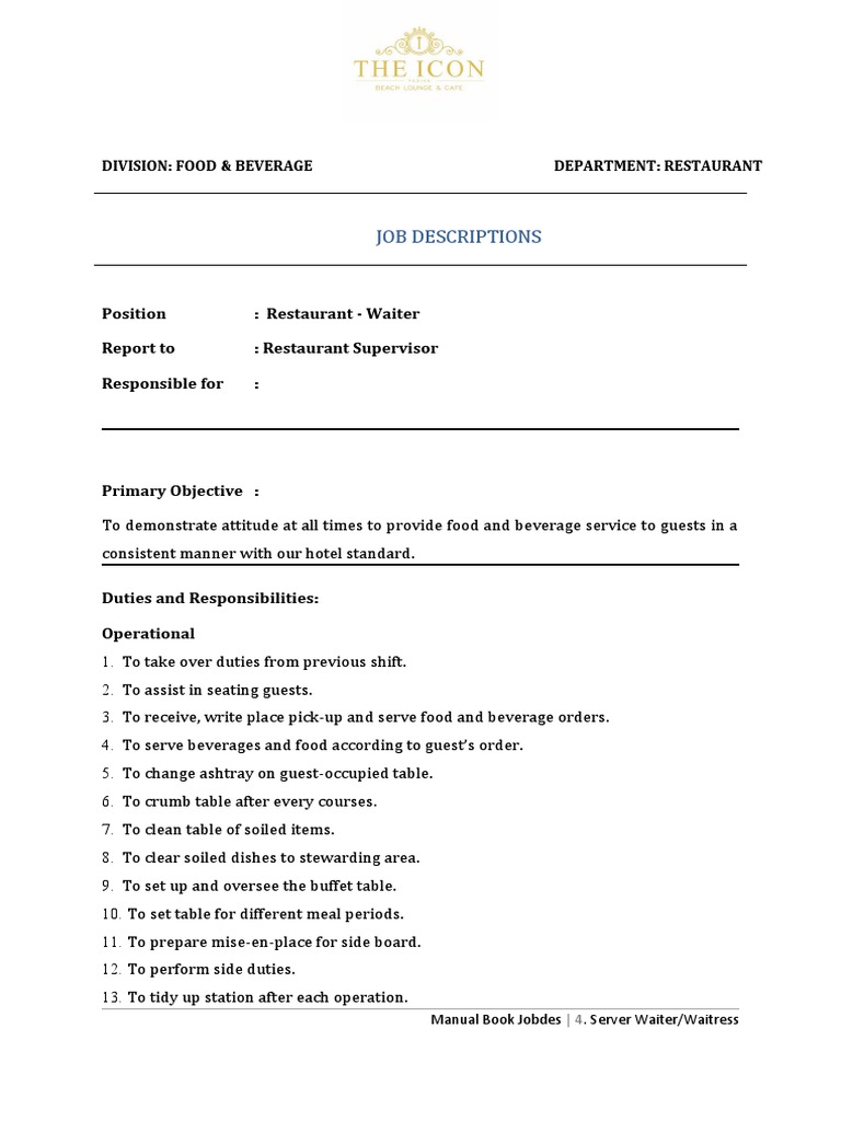 Restaurant Waitstaff Job Description | PDF | Waiting Staff | Restaurants