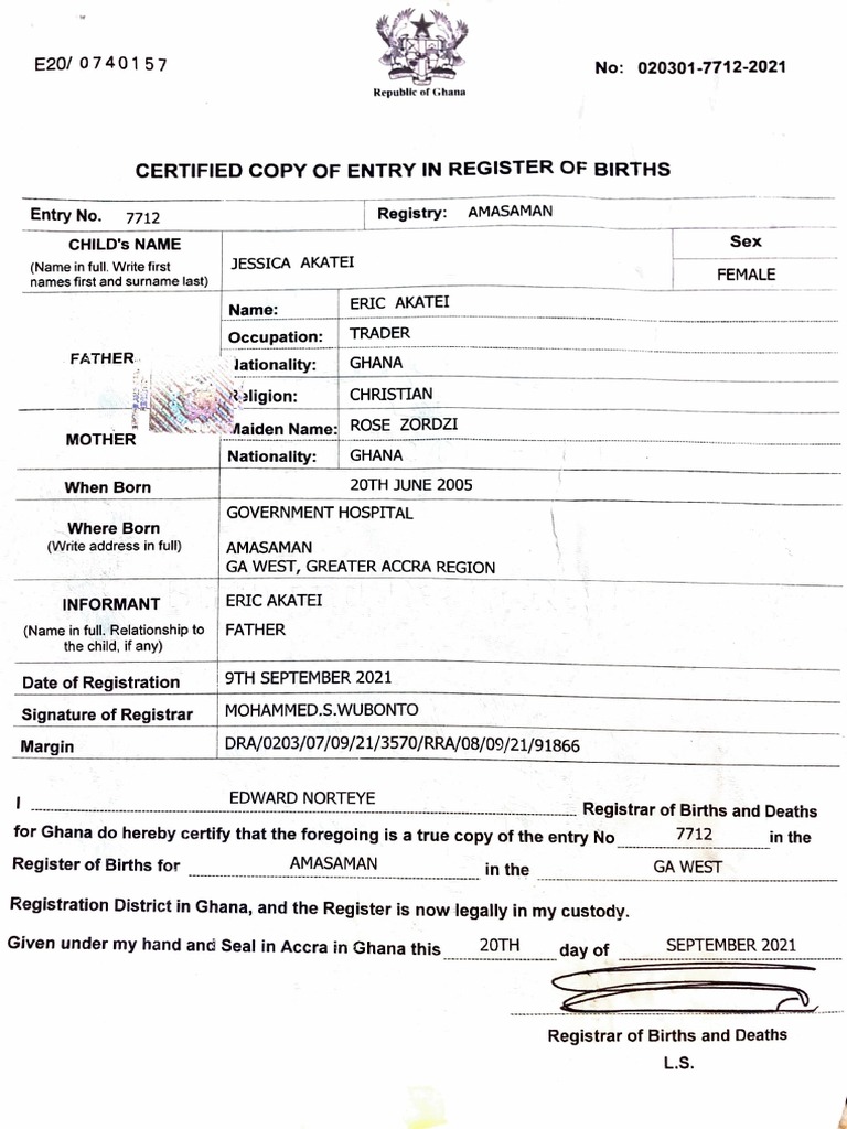Certified Copy of Ghana Birth Certificate | PDF | Privacy | Civil ...