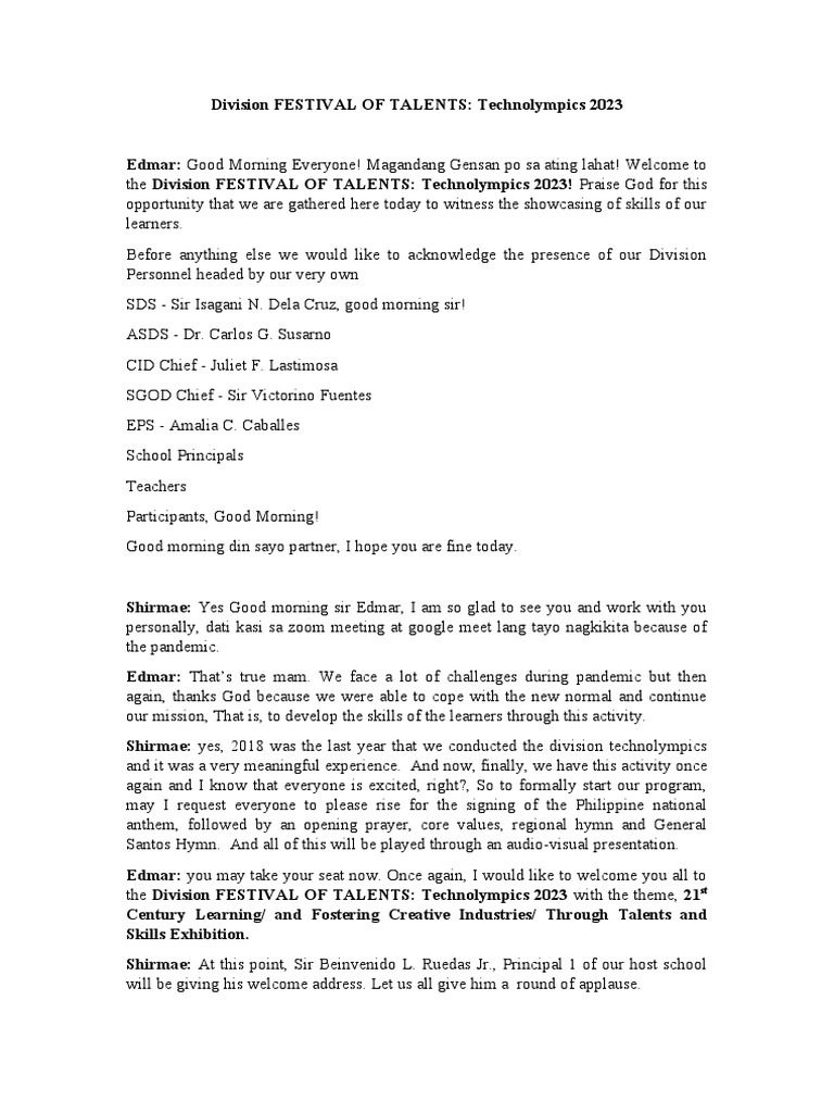 Emcee Script for Technolympics 2023 | PDF