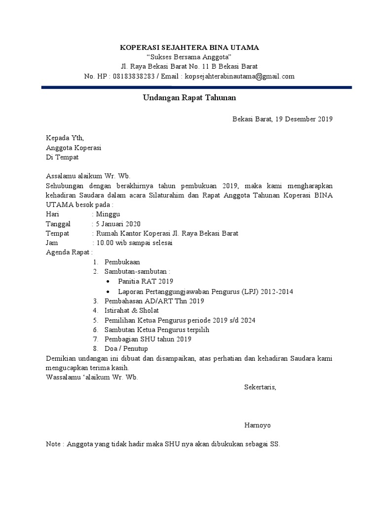 7-Contoh Surat Undangan Rapat Koperasi | PDF