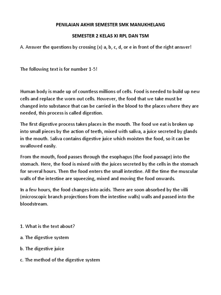 Soal Ukk Bhs Inggris Kls 11 2 PDF Acid Human Digestive System