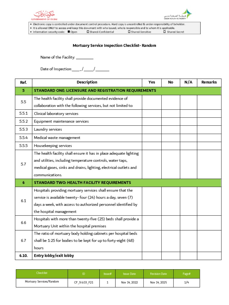 Mortuary Services Inspection Checklist | PDF | Morgue | Infection