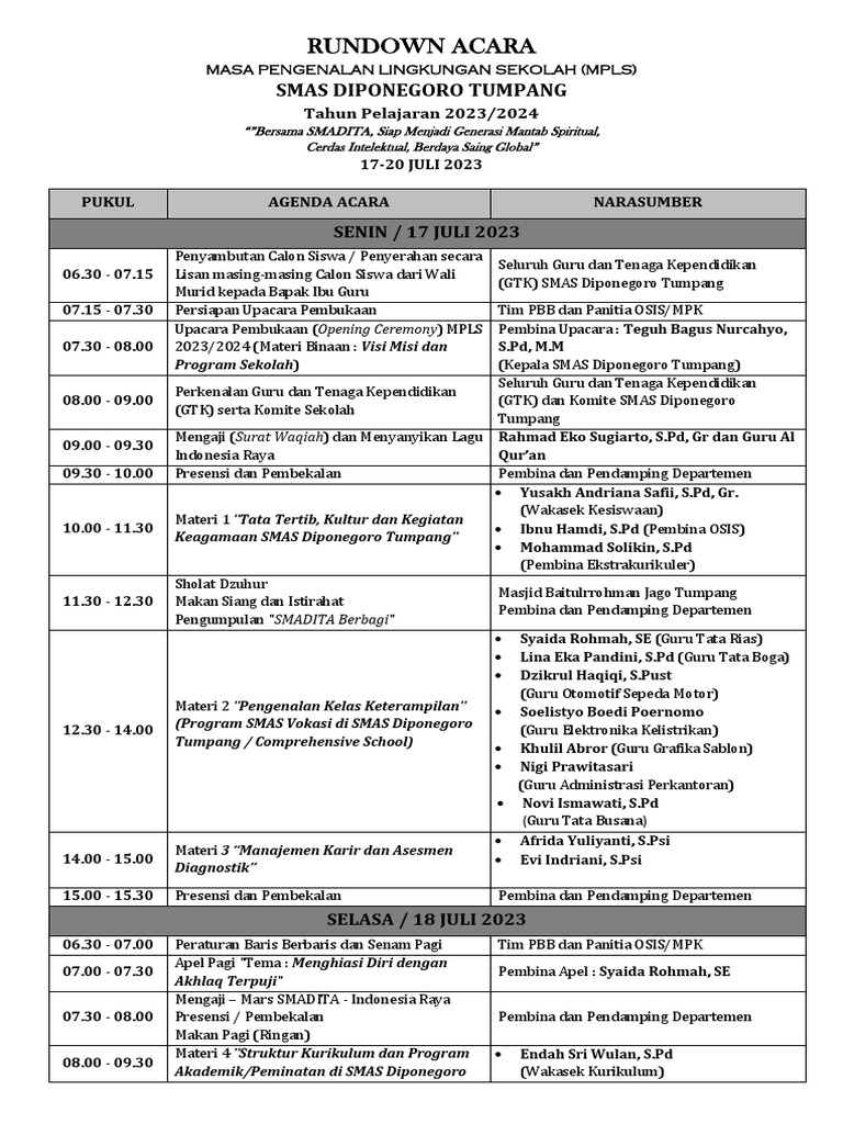 Rundown MPLS SMAS Diponegoro 2023 | PDF