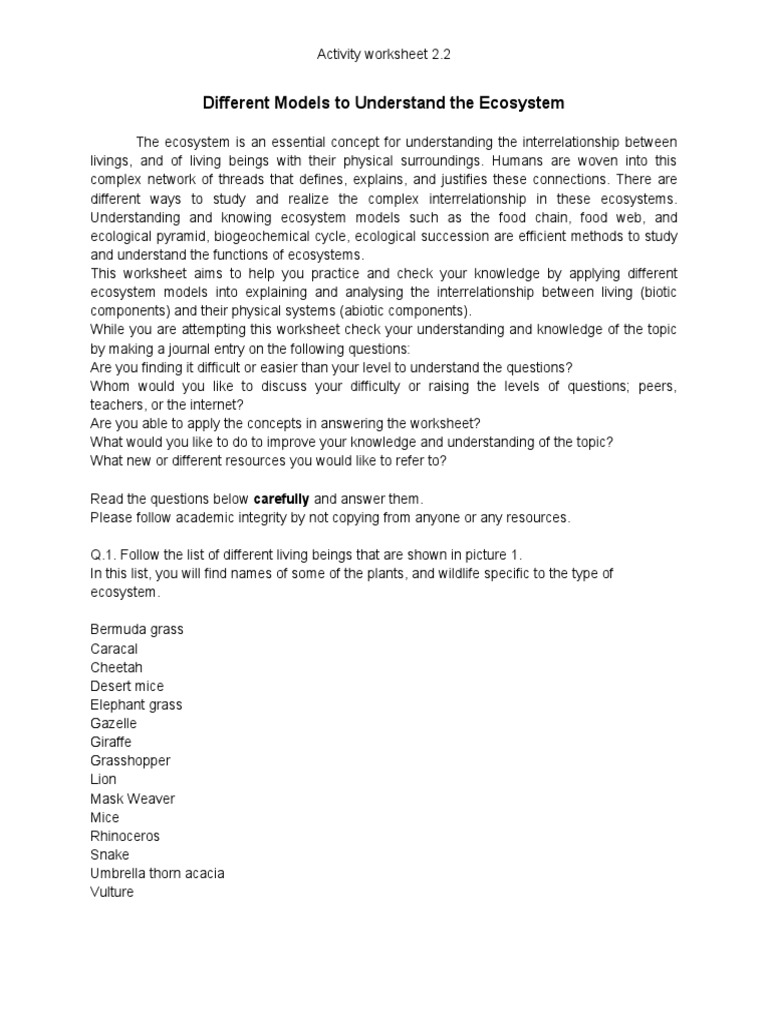 Activity Worksheet 2.2. | PDF | Ecosystem | Ecology