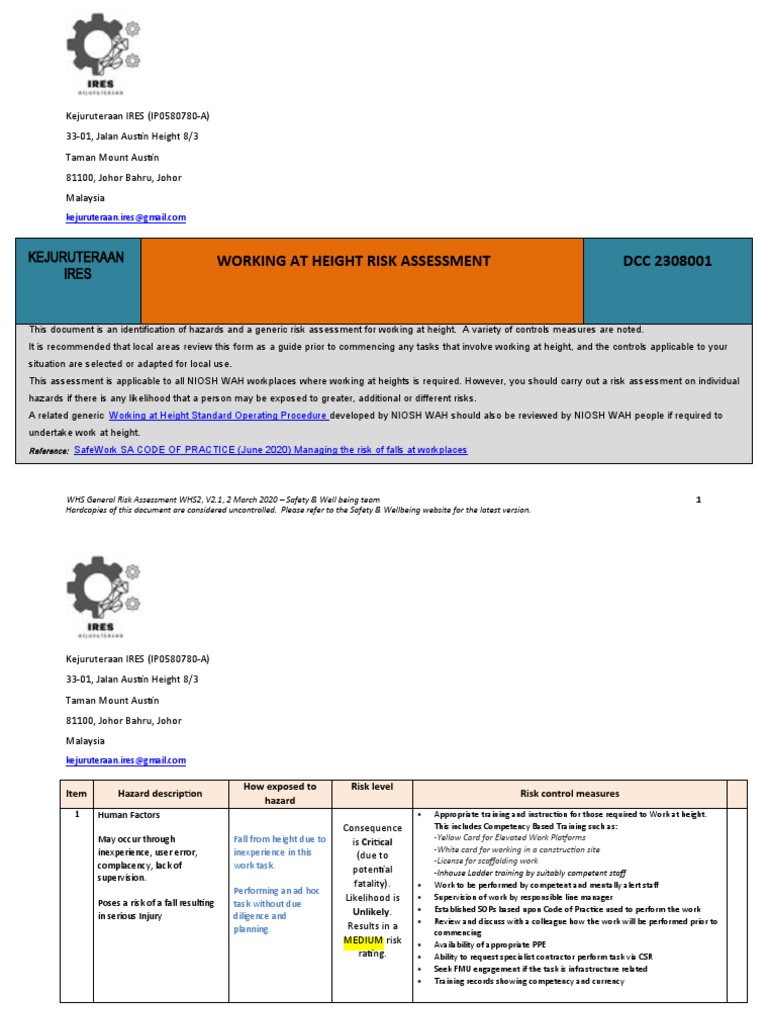 Working at Height Risk Assessment Guide | PDF