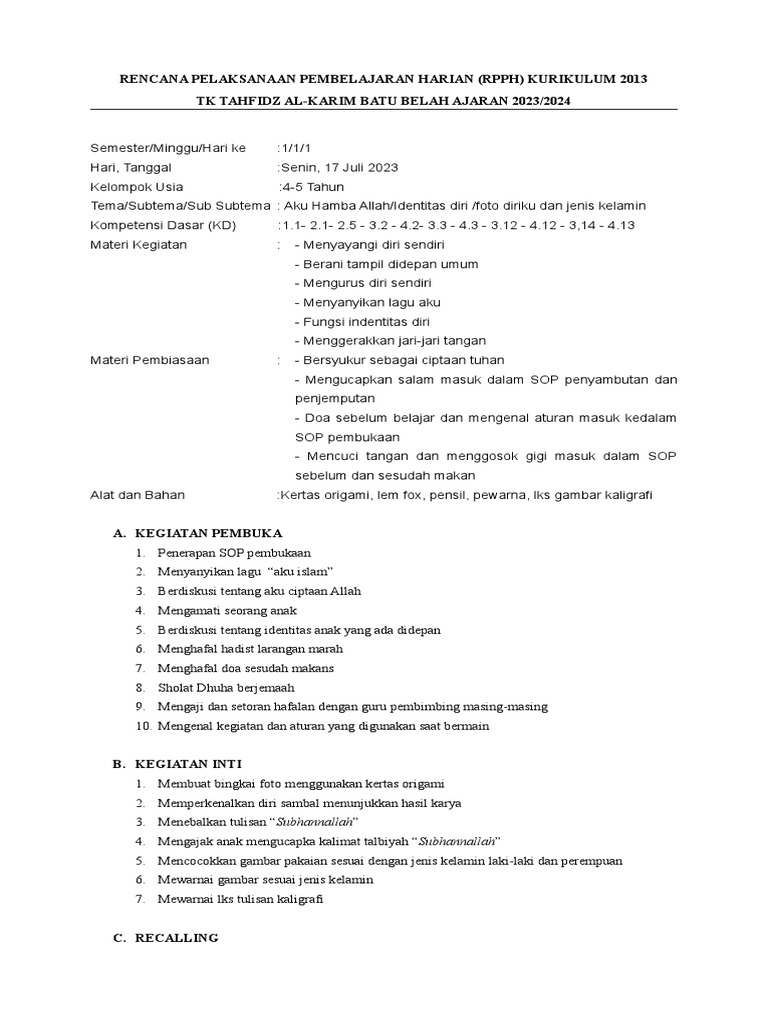 RPPH TK: Identitas Diri dan Geometri | PDF