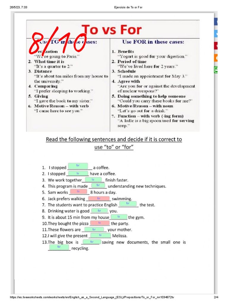 Ejercicio: Preposiciones To y For | PDF