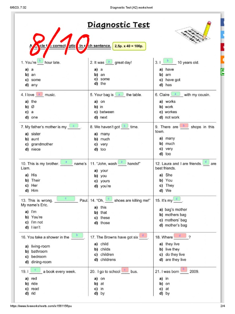 Diagnostic test a2 worksheet pdf
