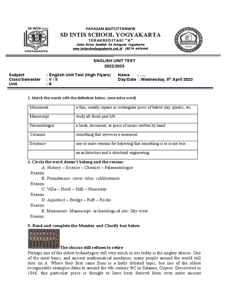 Grade 5 English Unit Test - Unit 8 | PDF
