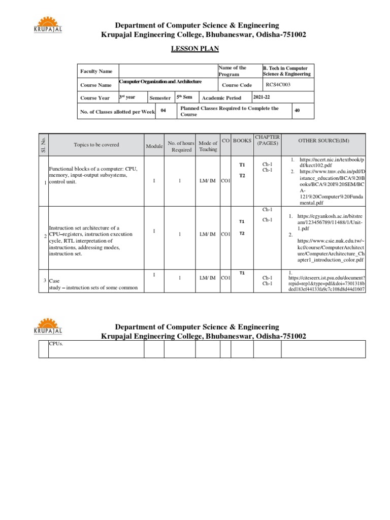 Lesson Plan COA | PDF | Central Processing Unit | Parallel Computing