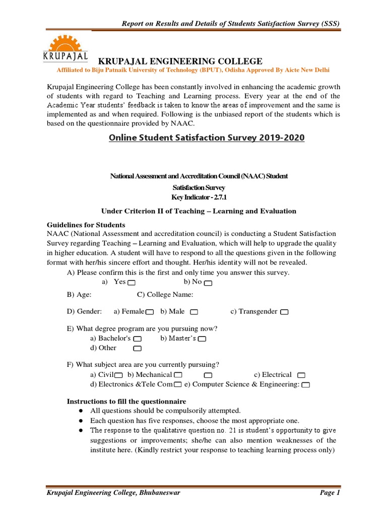 Student Satisfaction Survey Report Krupajal Engineering College | PDF