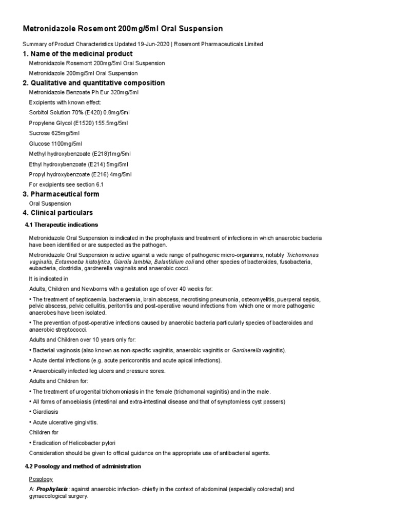 Metronidazole rosemont 200mg 5ml oral suspension summary of product