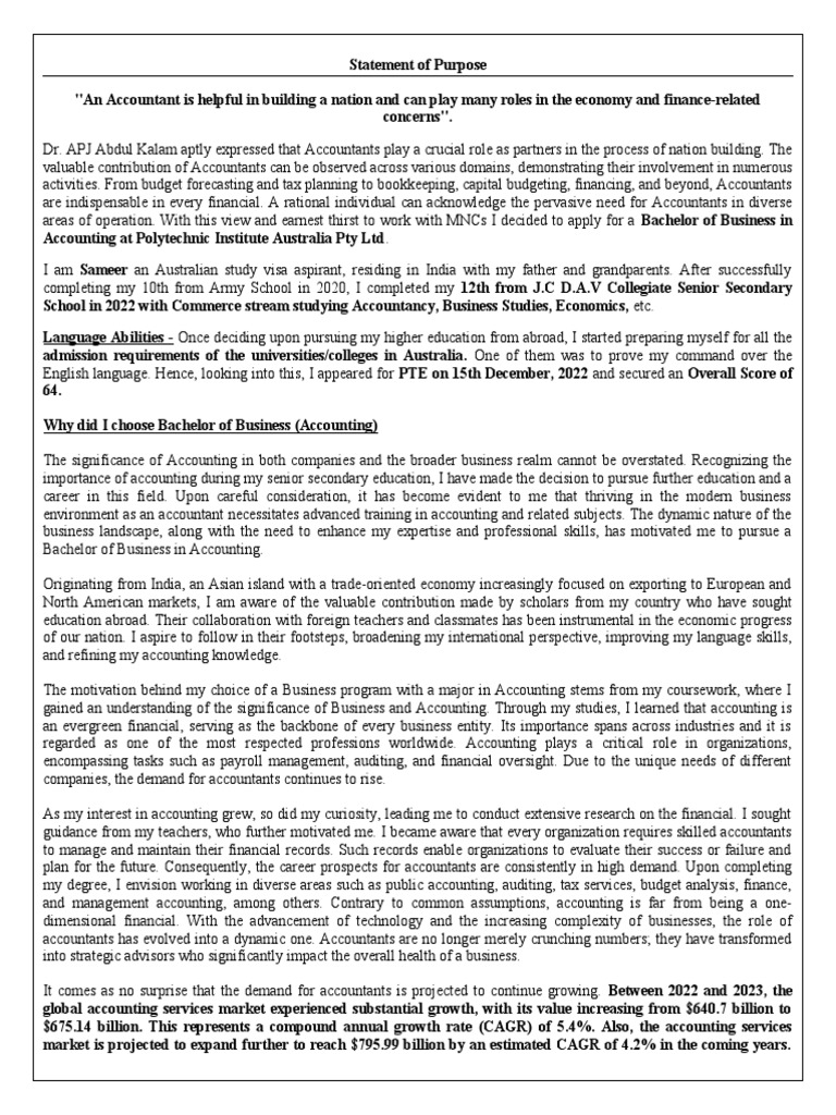 Sameer - Revised SOP - PIA - Bachelor of Business Accounting | PDF ...