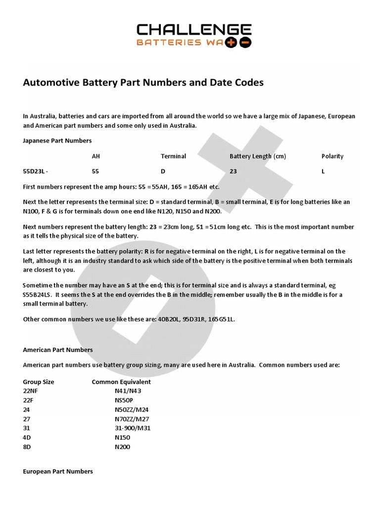 Battery Part Numbers and Date Codes | Download Free PDF | Vehicle ...