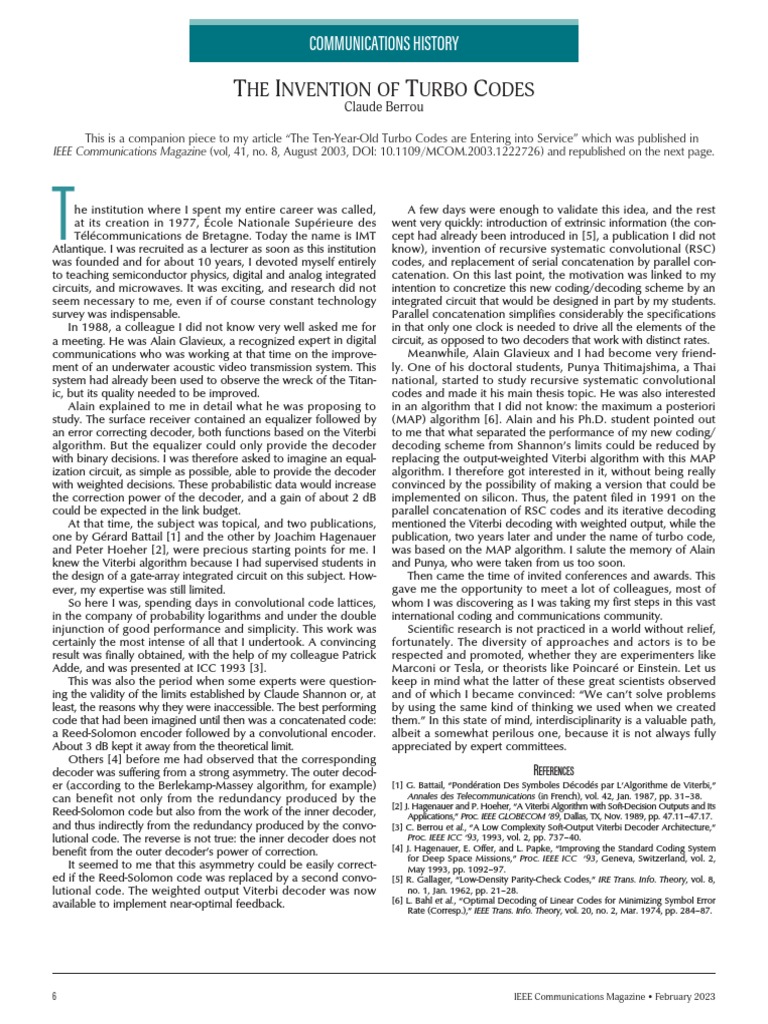 The Invention of Turbo Codes The Ten-Year-Old Turbo Codes Are Entering ...