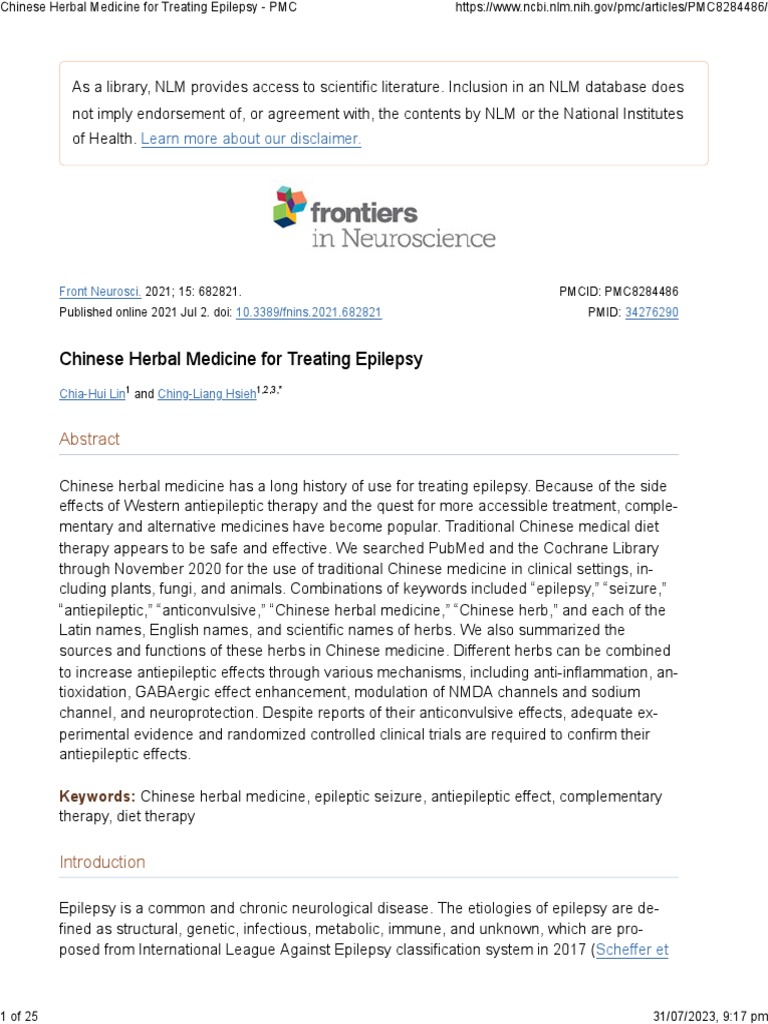 Chinese Herbal Medicine For Treating Epilepsy PDF Epilepsy Inhibitory Postsynaptic Potential