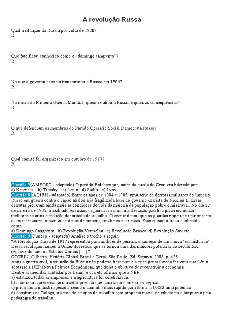 Exercícios sobre a Revolução Russa | PDF | Revolução Russa | União ...
