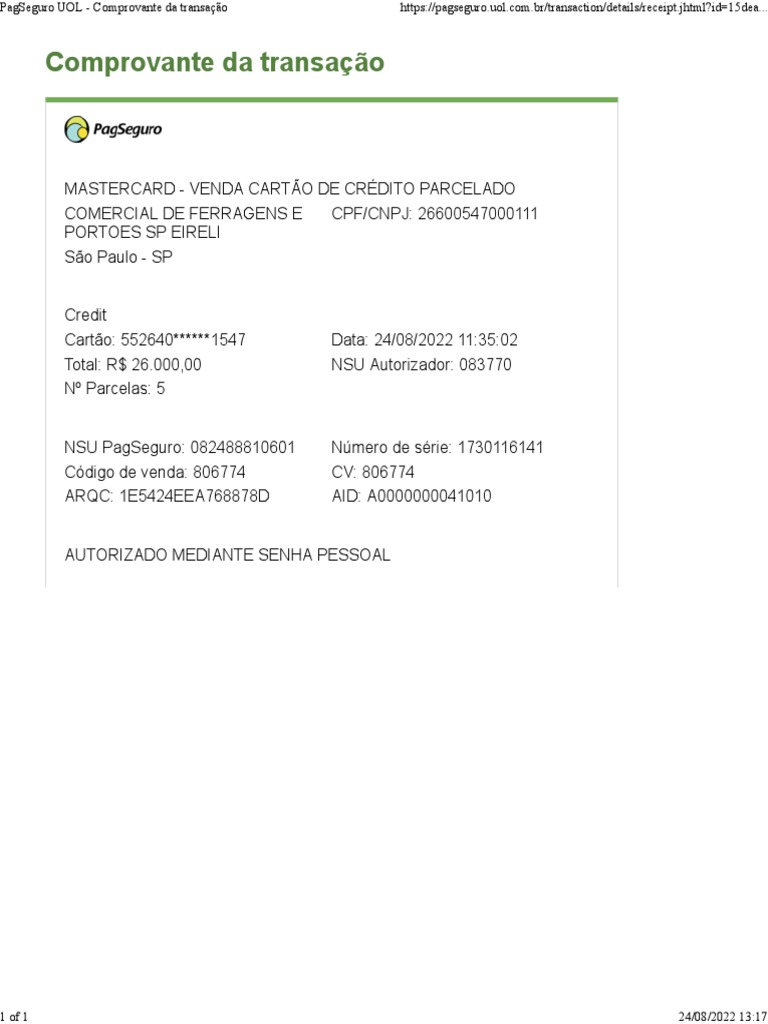 PagSeguro UOL - Comprovante Da Transação | PDF