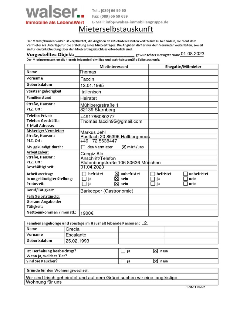 Mieterselbstauskunft Wohnung | PDF