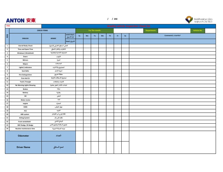 Weekly Inspection Sheet PDF