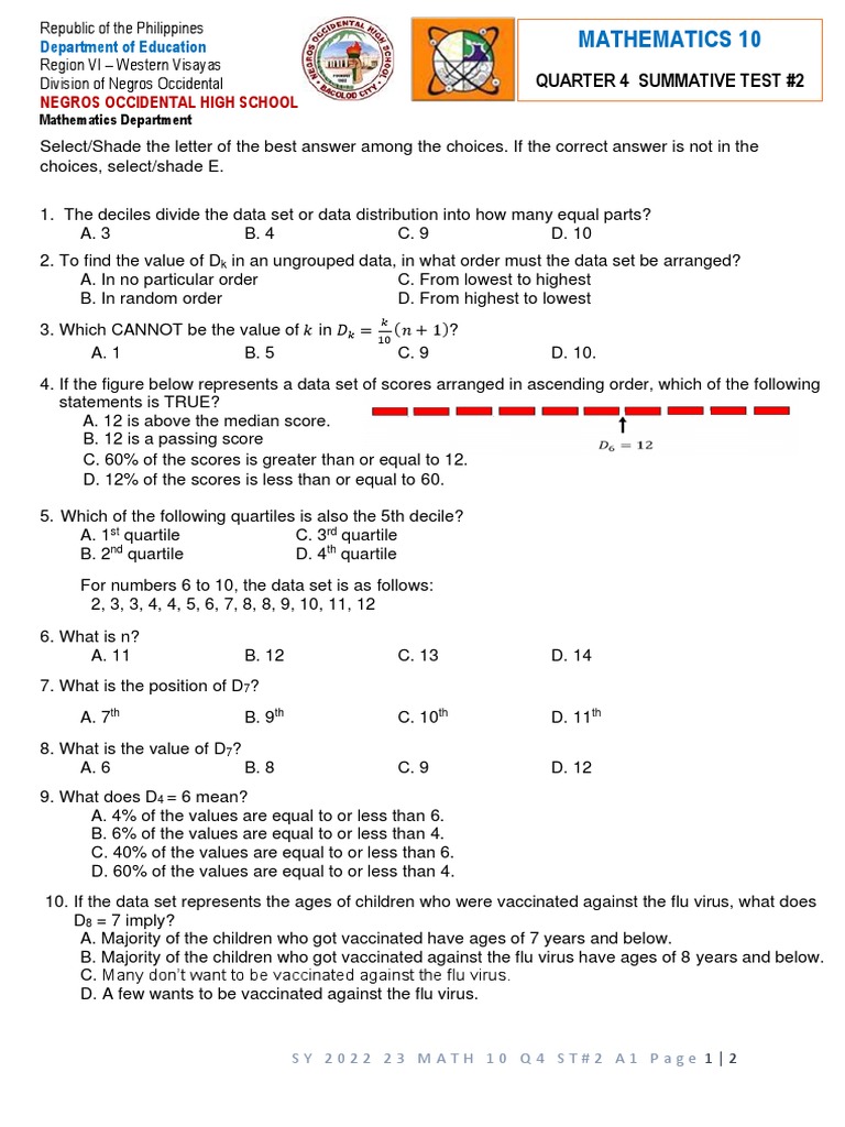 Math 10 Summative Test | PDF | Quartile