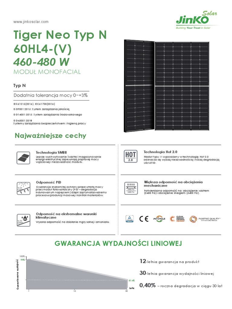 JKM475N-60HL4-V  Jinko 475 Watt 120 Cell TIGER NEO Mono-Facial N-Type 30mm  Black Frame Solar Panel