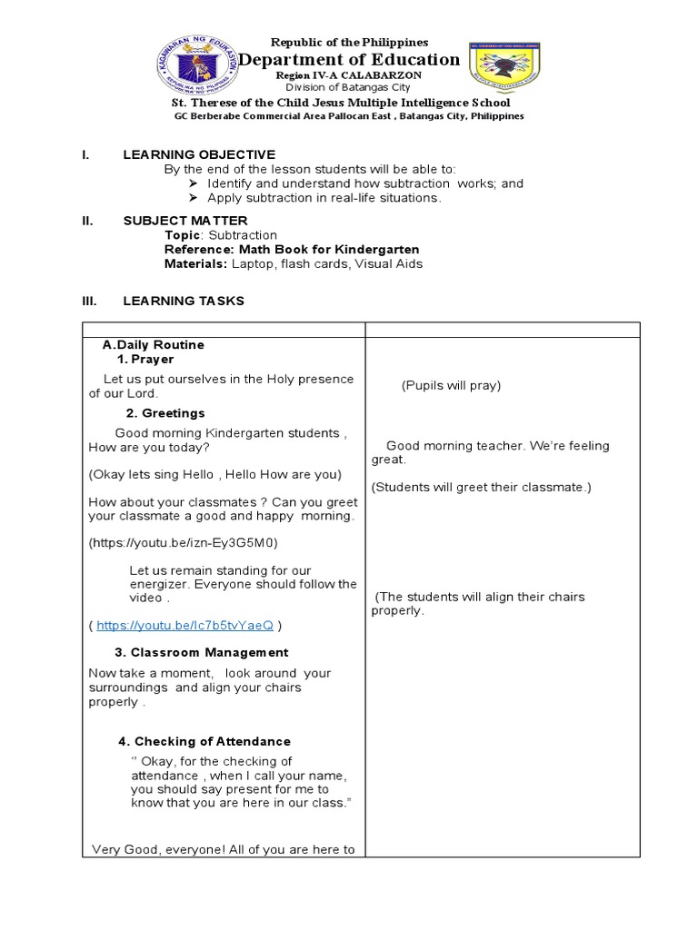 Kindergarten Math Lesson: Subtraction | PDF