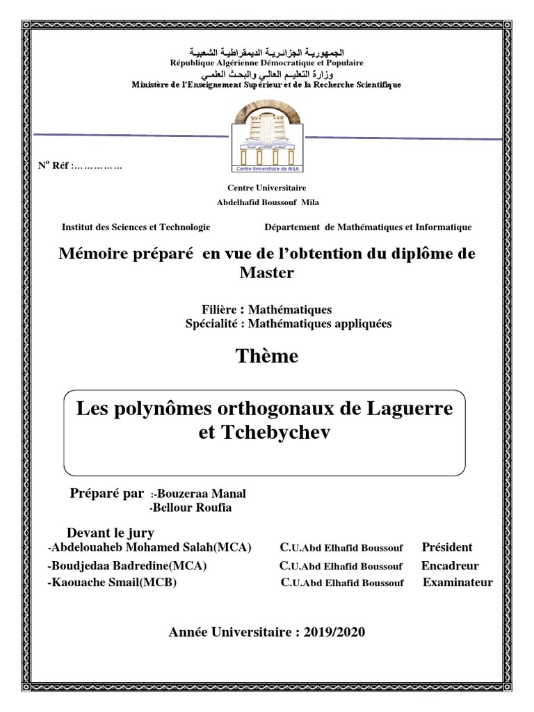Mémoire Polynôme de LaguerreTchebychev Corrigé PDF