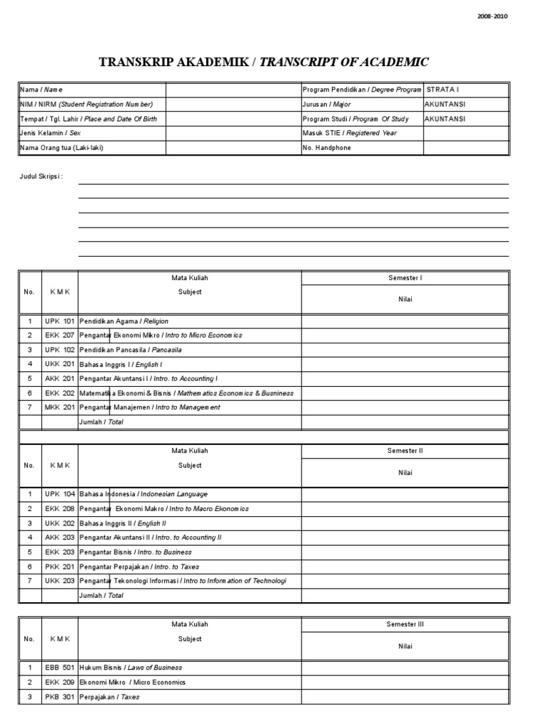 Transkrip Akademik Strata I 2008-2010 | PDF