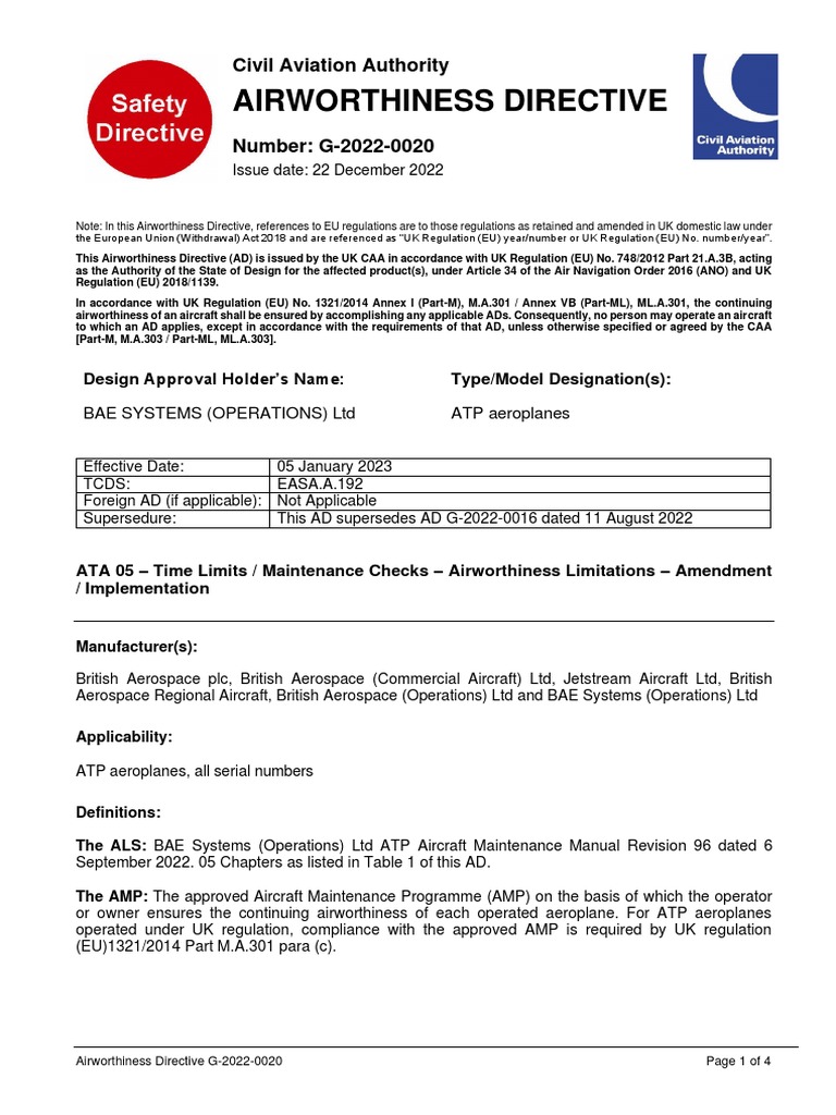 Airworthiness Directive Civil Aviation Authority PDF Aviation Aircraft