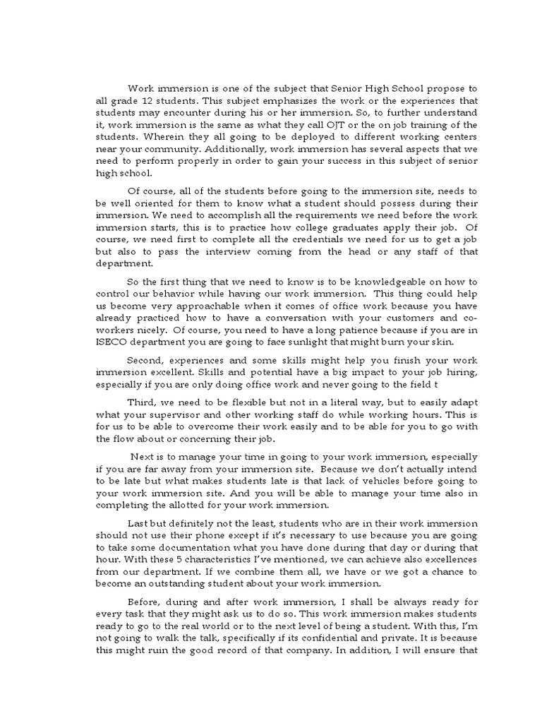 What Is Work Immersion Essay