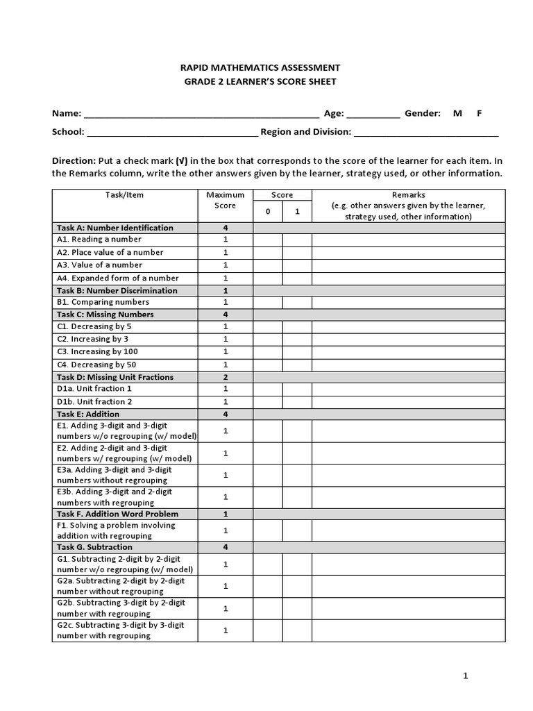 Grade 2 Rapid Mathematics Assessment Score Sheet | PDF | Teaching ...