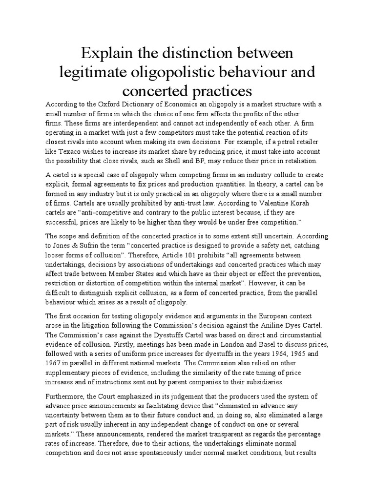 Explain the distinction between legitimate oligopolistic behaviour and
