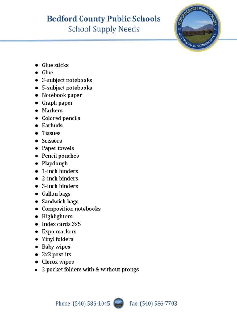 School Supply Needs List PDF