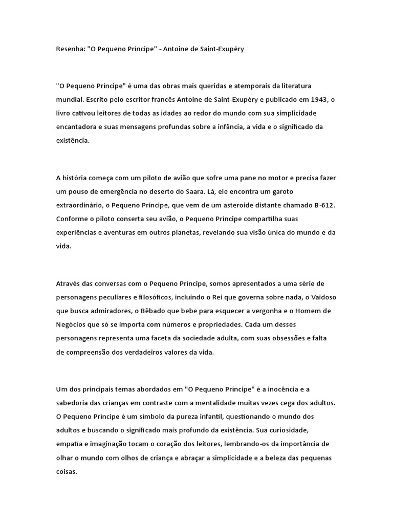Resenha - O Pequeno Príncipe - Antoine de Saint-Exupéry | PDF