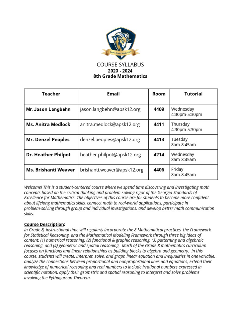 8th Grade Math Syllabus Nc