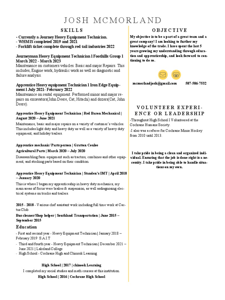 Josh Updated Resume PDF Heavy Equipment Apprenticeship