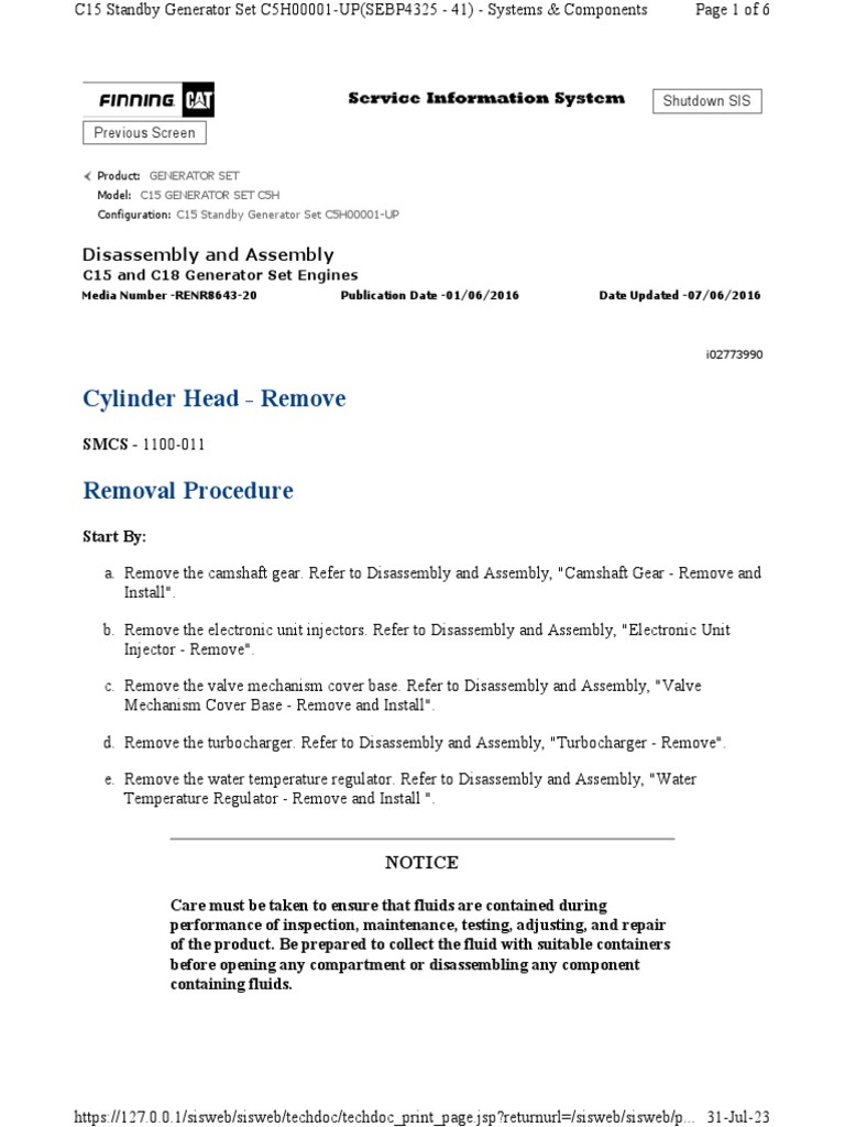 Cat c15 Cylinder Head Removal PDF Cylinder (Engine) Mechanical